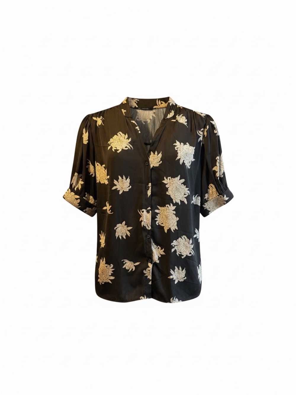 Women’s Size XL/TG Black Floral Button-Front Short Sleeve Blouse